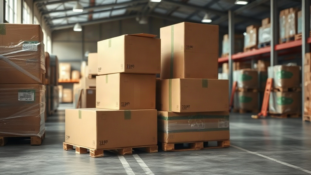 warehouse interior with stacked brown cardboard shipping boxes on wrapped wooden pallets, a shrink-wrap roll visible, fo