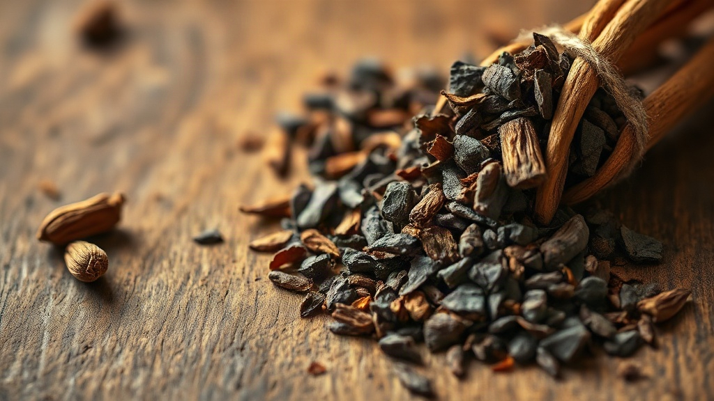 close-up of dark agarwood (oud) wood chips and shavings on a rustic wooden surface, with sandalwood pieces and whole car