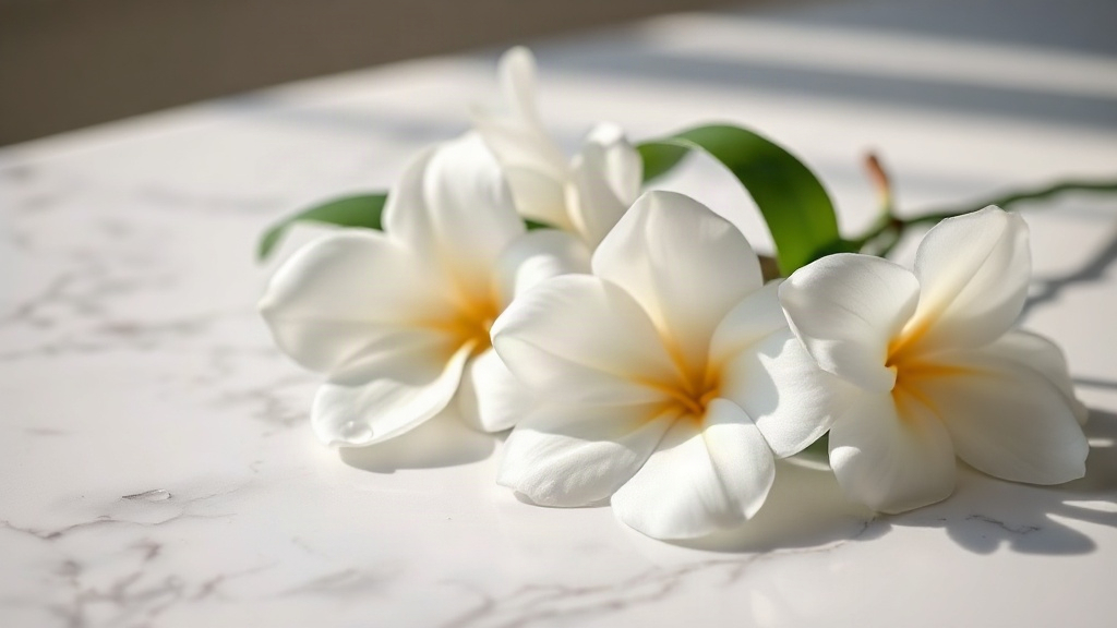 fresh gardenia and jasmine flowers resting on a polished white marble surface, soft morning light, delicate water drople