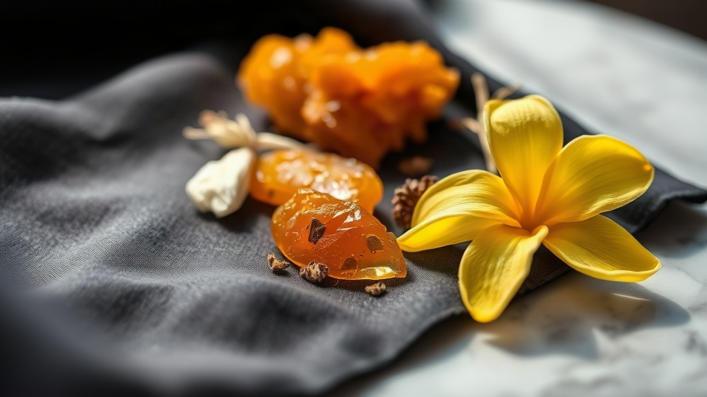 Close-up still life of raw perfumery ingredients for a bold modern fragrance: amber resin chunks, dried jasmine flowers,