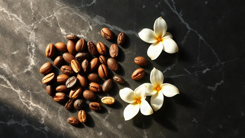overhead flat lay of raw perfumery ingredients on a dark marble surface, tonka beans, roasted coffee beans, tuberose flo