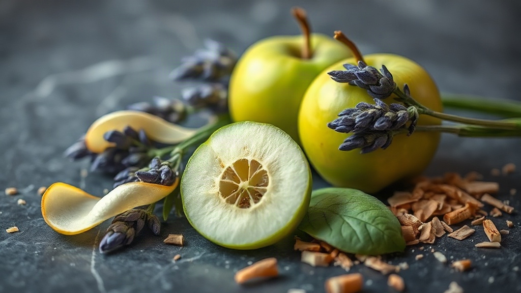 macro photo of raw perfumery ingredients for a woody aromatic fragrance - fresh bergamot citrus peel, a sliced green app