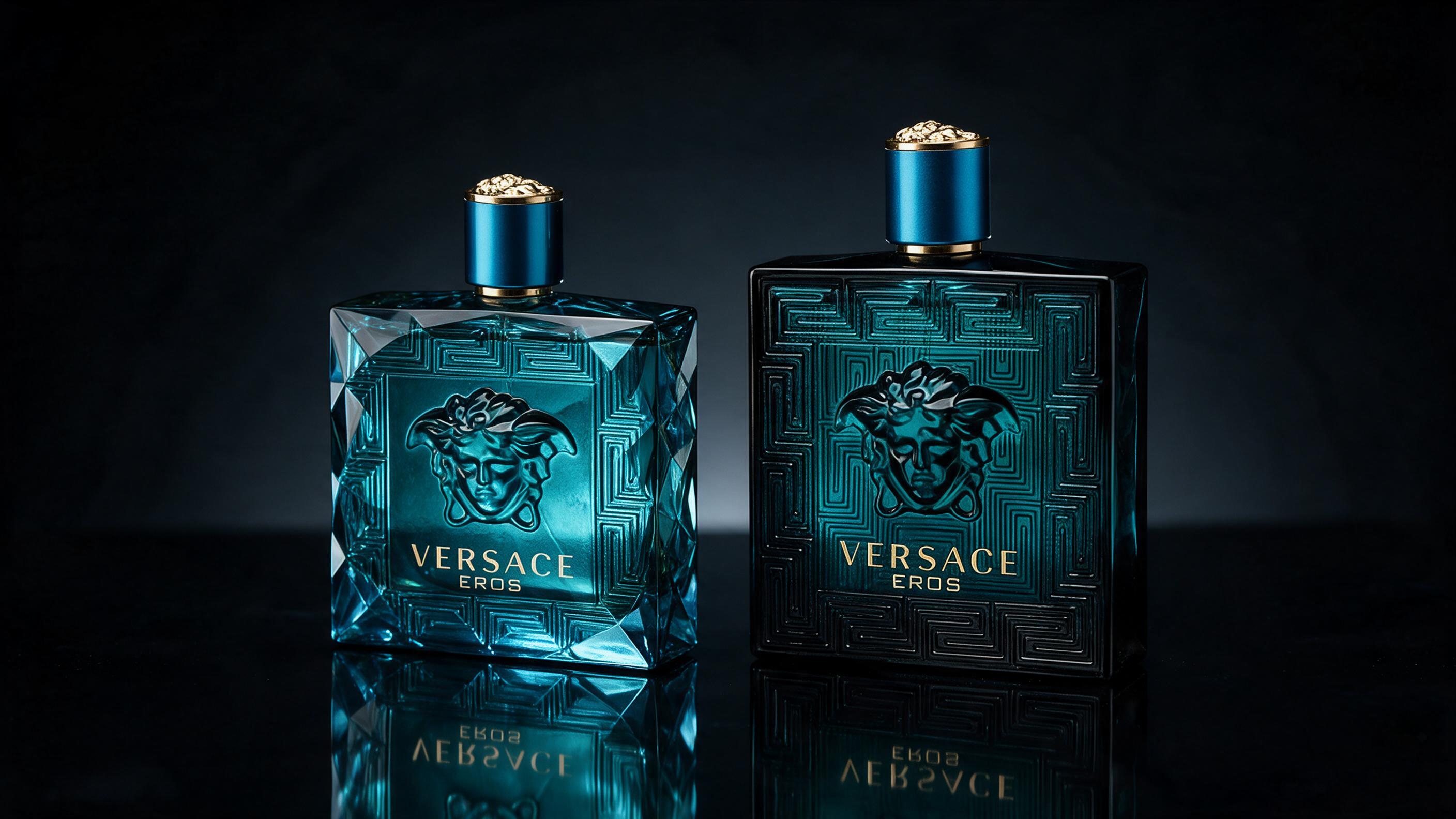 professional studio product photography of the Versace Eros fragrance bottle lineup, black angular glass bottle with gol
