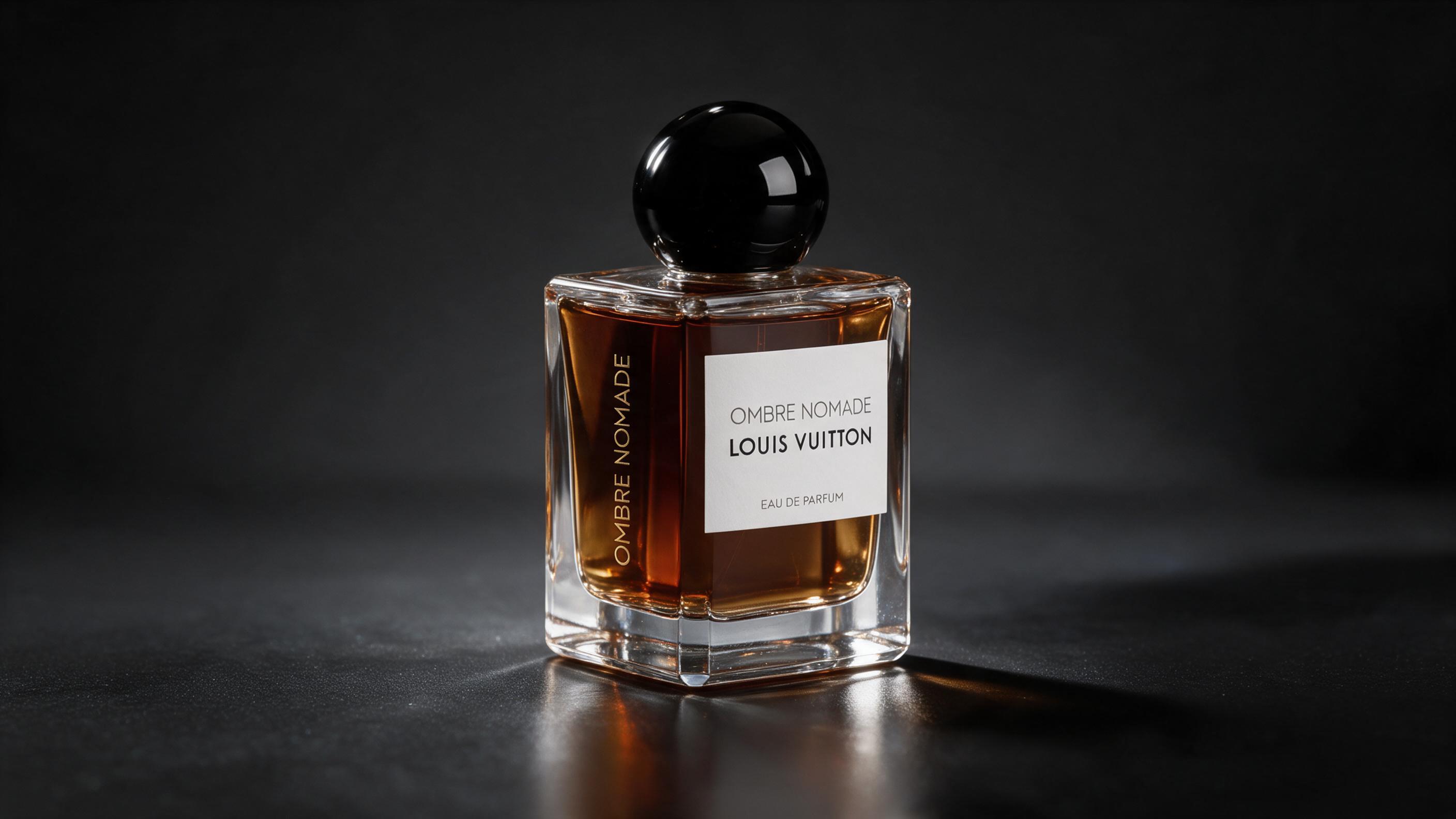 elegant studio product photo of a Louis Vuitton Ombre Nomade perfume bottle, amber liquid visible, placed on a dark refl