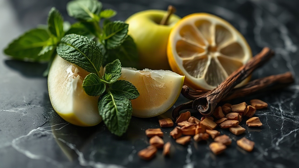 close-up macro photograph of fresh mint leaves, a sliced green apple, a lemon wedge, tonka beans, a vanilla pod, geraniu