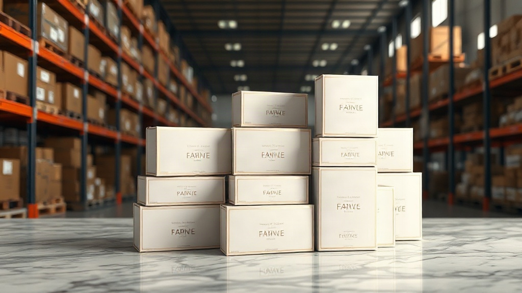 elegant stacked perfume packaging boxes and sealed cartons on a marble surface in a wholesale distribution warehouse, so