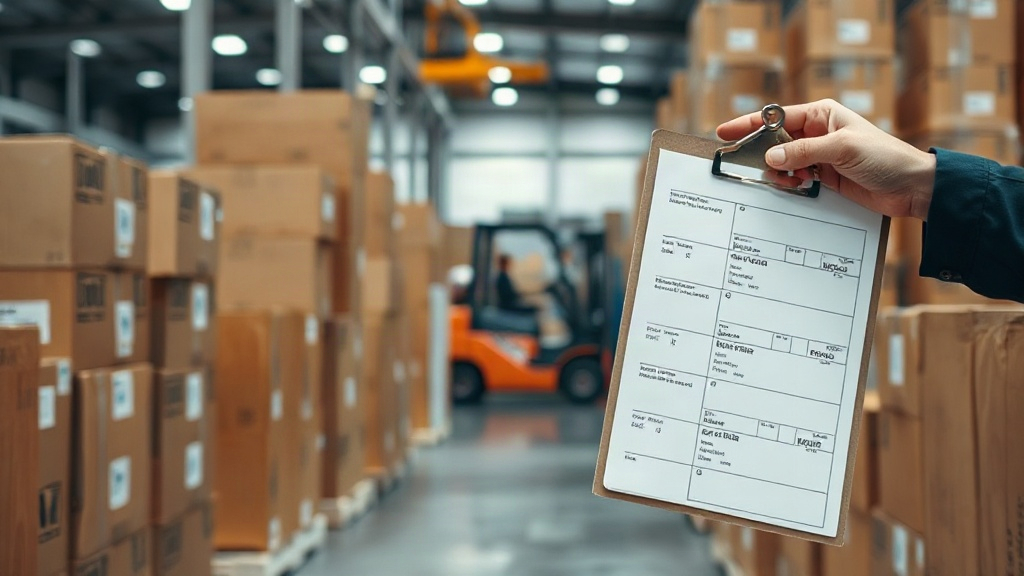 a warehouse aisle with stacked cardboard shipping boxes on wooden pallets, a hand holding a clipboard with shipping docu