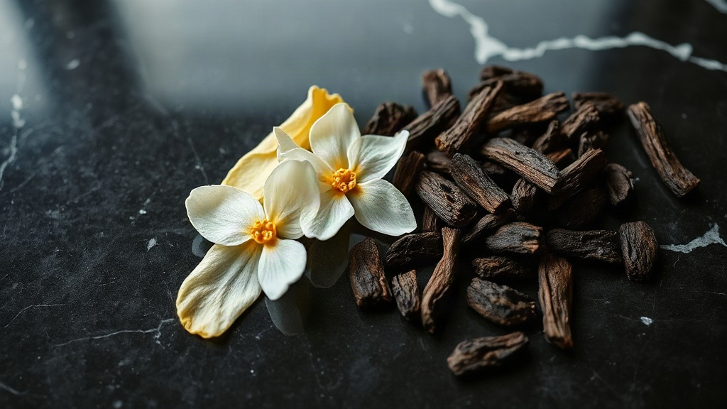 close-up flat lay of raw perfumery ingredients — bergamot peel, jasmine blossoms, and dark oud wood chips arranged on a 