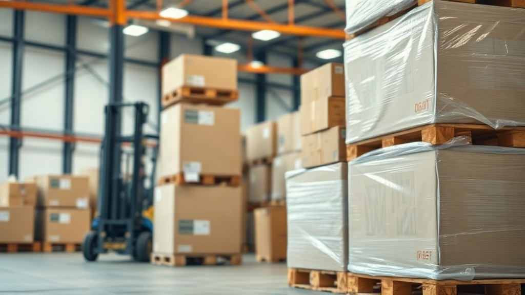 wide shot of a modern logistics warehouse with stacked cardboard shipping boxes and wrapped pallets ready for internatio