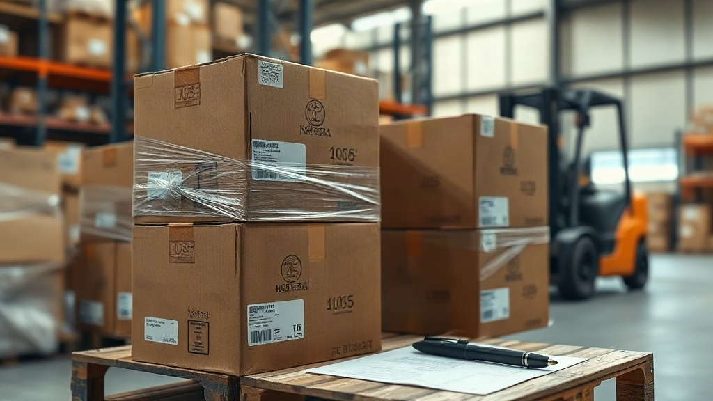 warehouse logistics scene for luxury perfume export, sealed cardboard shipping cartons stacked on wooden pallets, shrink