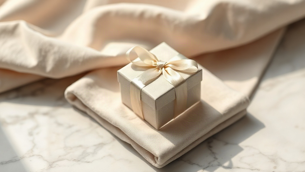 elegant perfume gift box wrapped in cream satin ribbon resting on folded linen fabric atop a marble surface, soft studio