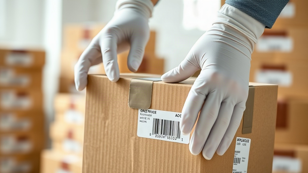 Photorealistic close-up of a pair of hands wearing white cotton gloves carefully inspecting a sealed branded outer carto