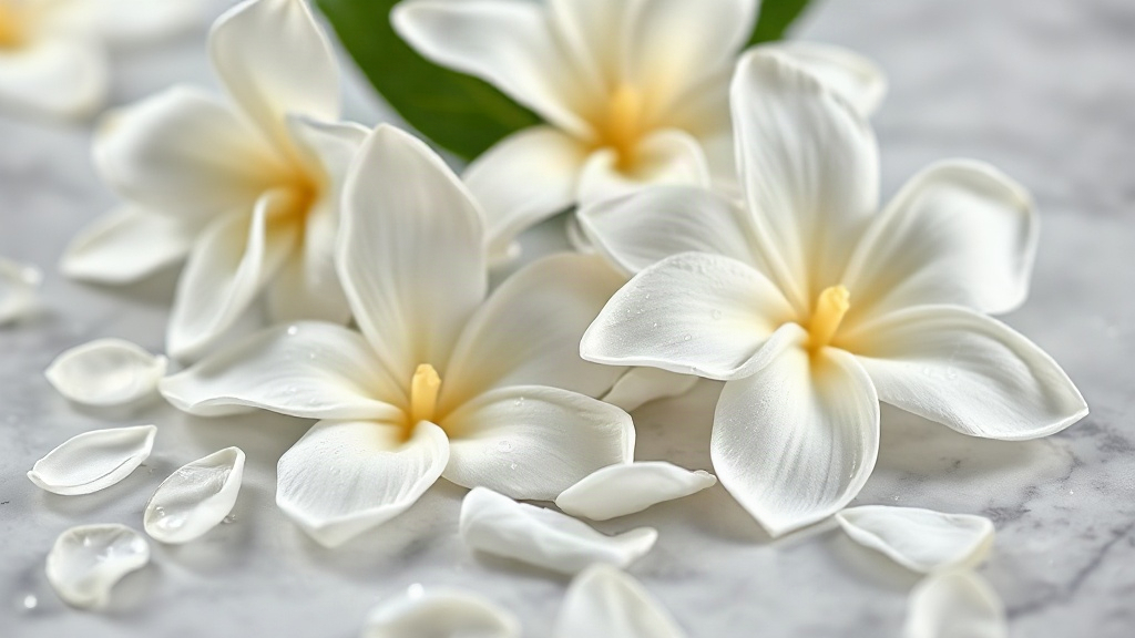 close-up macro photograph of fresh white gardenia and jasmine blossoms with dewdrops, scattered petals on a marble surfa