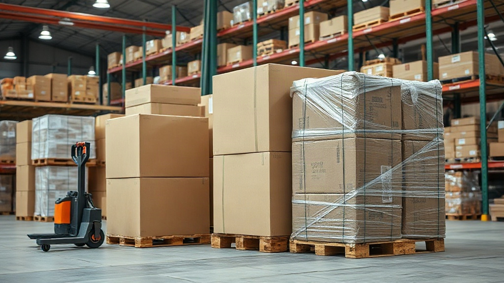 warehouse interior with stacked cardboard shipping boxes and wrapped pallets ready for wholesale distribution, a pallet 