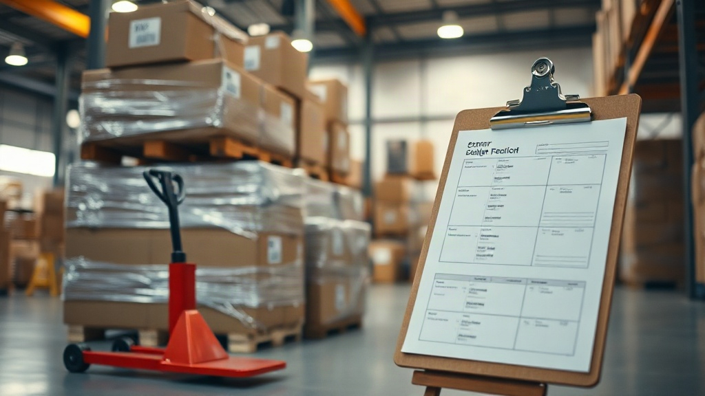 warehouse interior with stacked cardboard shipping boxes and wrapped pallets, a pallet jack, shipping labels and customs