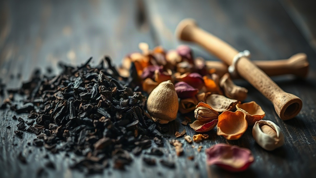 close-up still life of raw perfumery ingredients for an oud woody fragrance — dark oud wood chips and shavings, sandalwo