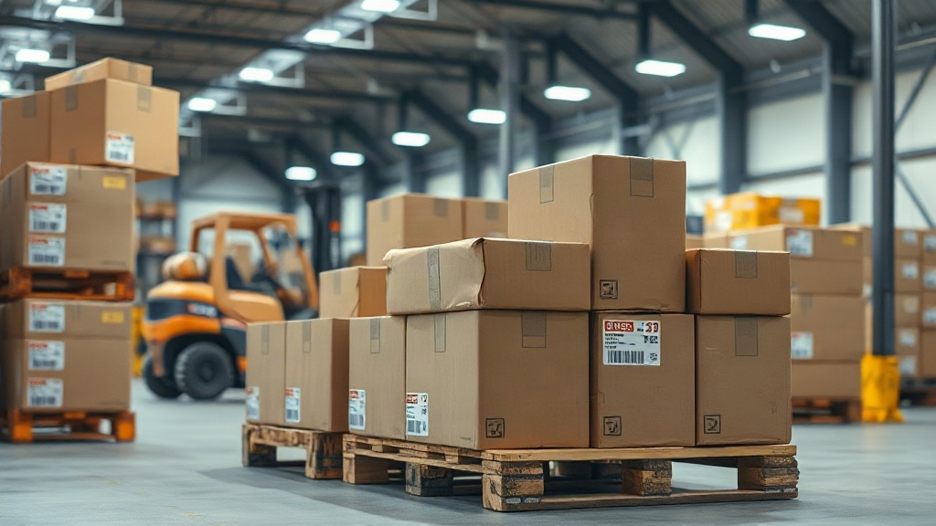 Wide shot of a modern logistics warehouse with stacked cardboard shipping boxes on wooden pallets, a forklift in the bac