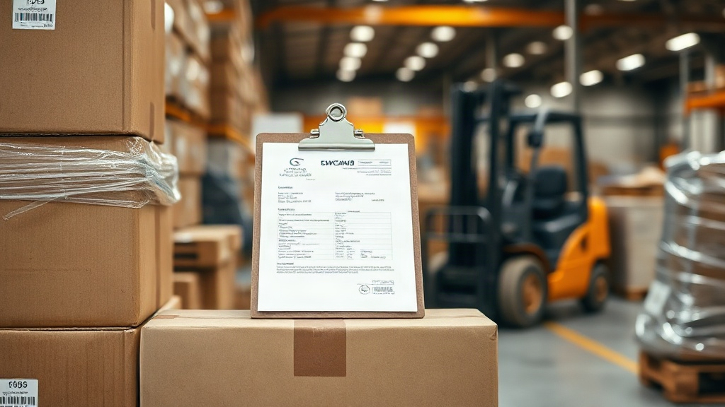 warehouse scene with stacked cardboard shipping boxes and wrapped pallets, a clipboard with customs shipping documents o