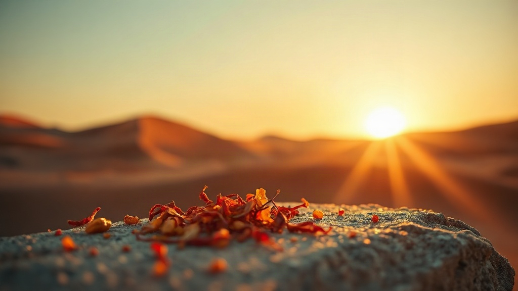 golden sunrise light over red sand dunes, warm amber resin chunks and dried saffron threads scattered on a flat stone in
