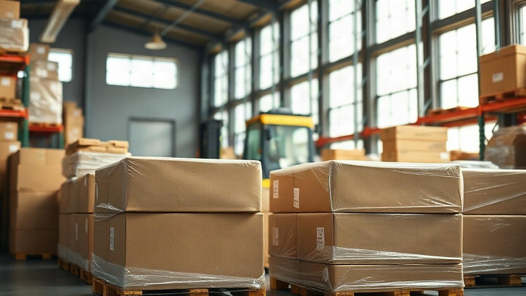 warehouse interior with wrapped pallets of cardboard shipping boxes stacked on industrial shelving, a forklift in the ba