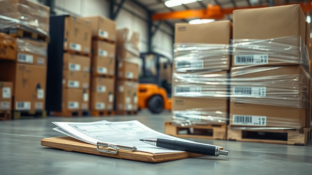 warehouse logistics scene with stacked cardboard shipping cartons wrapped in clear plastic film on wooden pallets, shipp