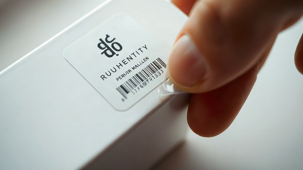 close-up macro photograph of a hand inspecting a perfume box authenticity seal and batch code sticker, cellophane wrap p