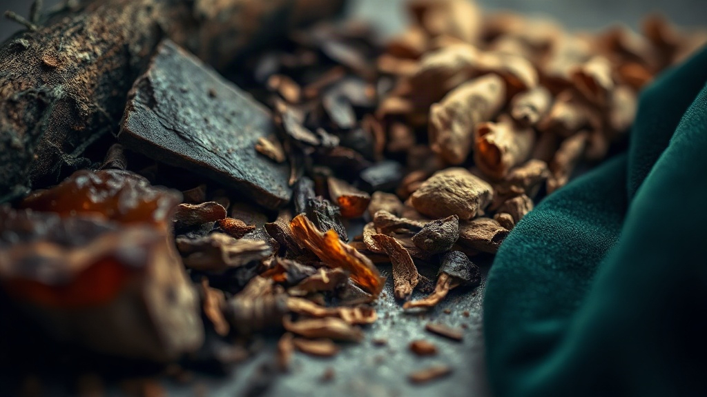 Close-up still life of perfumery raw materials evoking dark narcotic and resinous notes, chunks of dark amber resin, dri