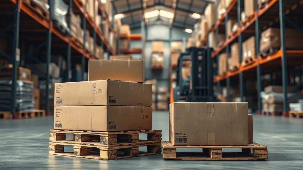 wide angle photograph of a warehouse interior with stacked wooden pallets and sealed brown cardboard shipping boxes, ind