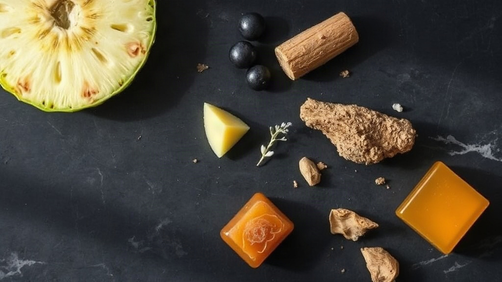 overhead flat lay on a dark marble surface of raw perfumery ingredients representing pineapple, blackcurrant, birch bark