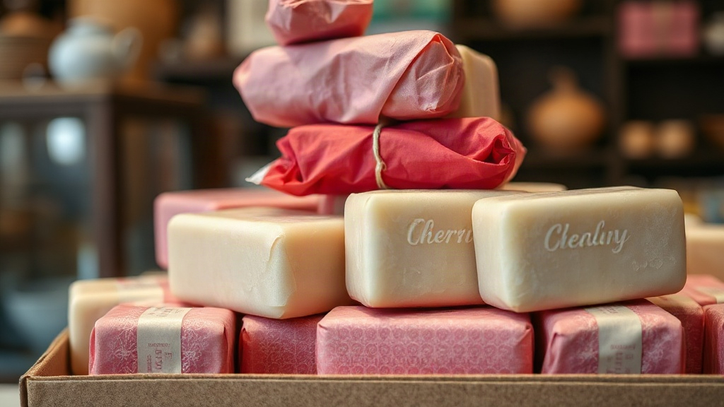 a neat arrangement of wrapped soap bars stacked in a retail display box, cherry red and cream colored packaging, warm bo