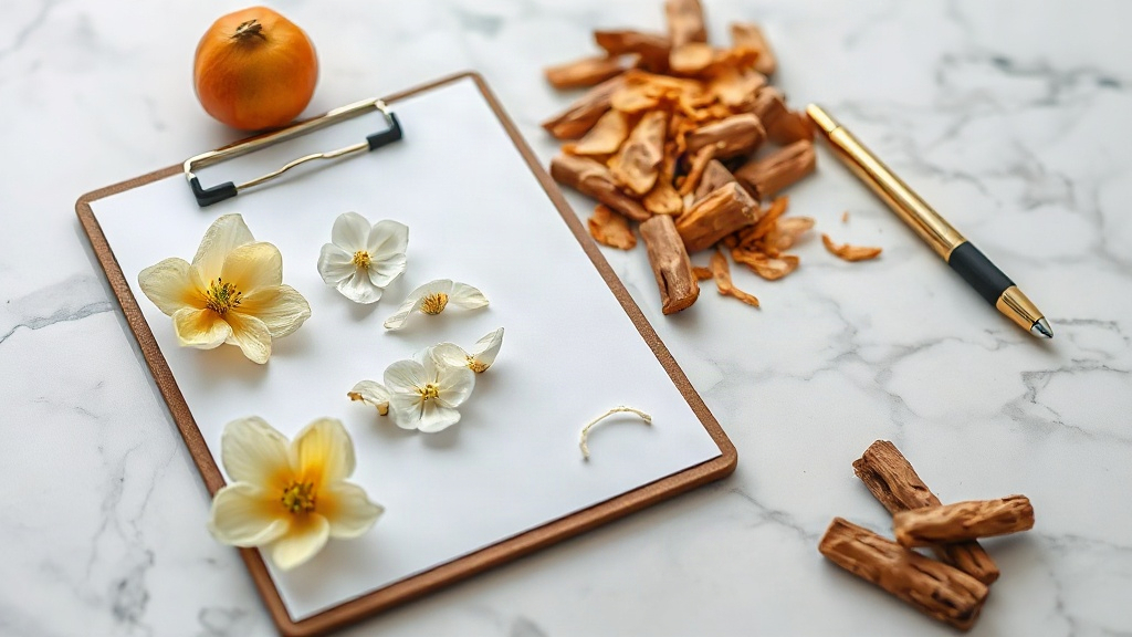 Close-up of raw perfumery ingredients arranged on a marble surface — bergamot fruit, jasmine blossoms, and oud wood chip