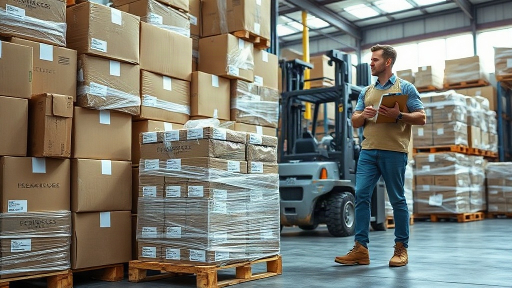 warehouse logistics scene with stacked cardboard shipping boxes and wooden pallets of fragrance cartons wrapped in stret