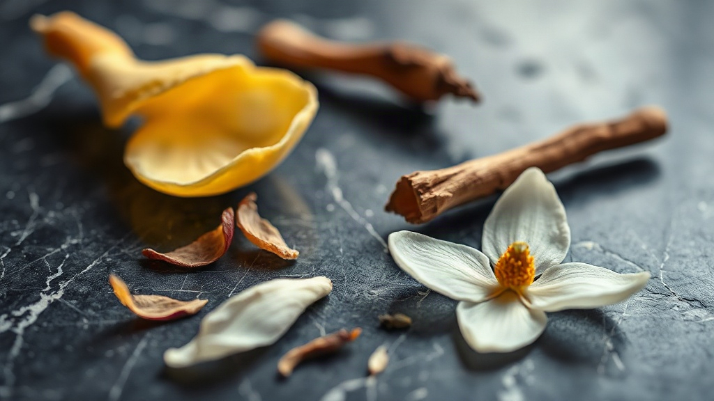 close-up of raw perfumery ingredients arranged on a dark marble surface, bergamot peel, jasmine petals, a small piece of