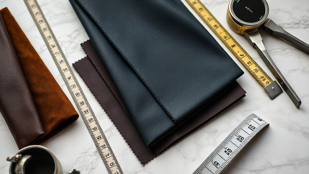 Close-up commercial styling shot of folded dark leather swatches and suede samples arranged on a marble surface with a m