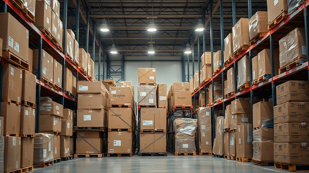 wholesale warehouse interior with stacked cardboard shipping boxes on wooden pallets, forklift aisle, industrial overhea