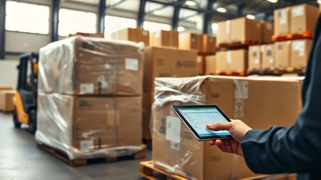Warehouse interior with wrapped cargo pallets and sealed shipping boxes ready for international export, a worker's 