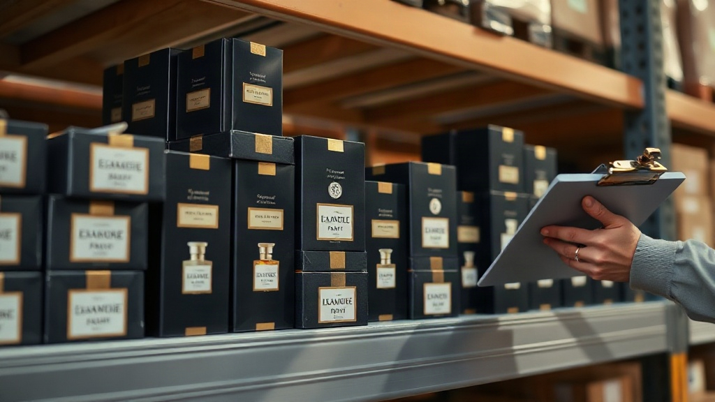 neatly stacked elegant perfume packaging boxes arranged on a wholesale warehouse shelf, a hand holding a clipboard check