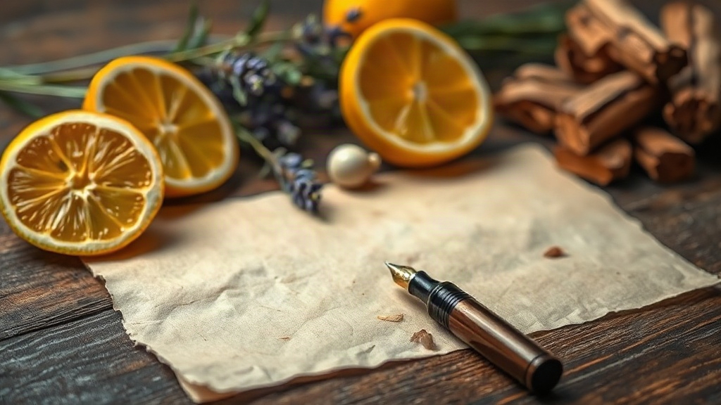 Photorealistic close-up composition on a dark wooden desk: fresh bergamot citrus slices, sprigs of lavender, cedar wood 